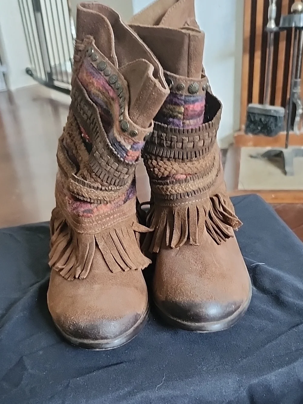 naughty monkey Brown Suede Fringe Ankle Boots with Multicolor Textile Accents